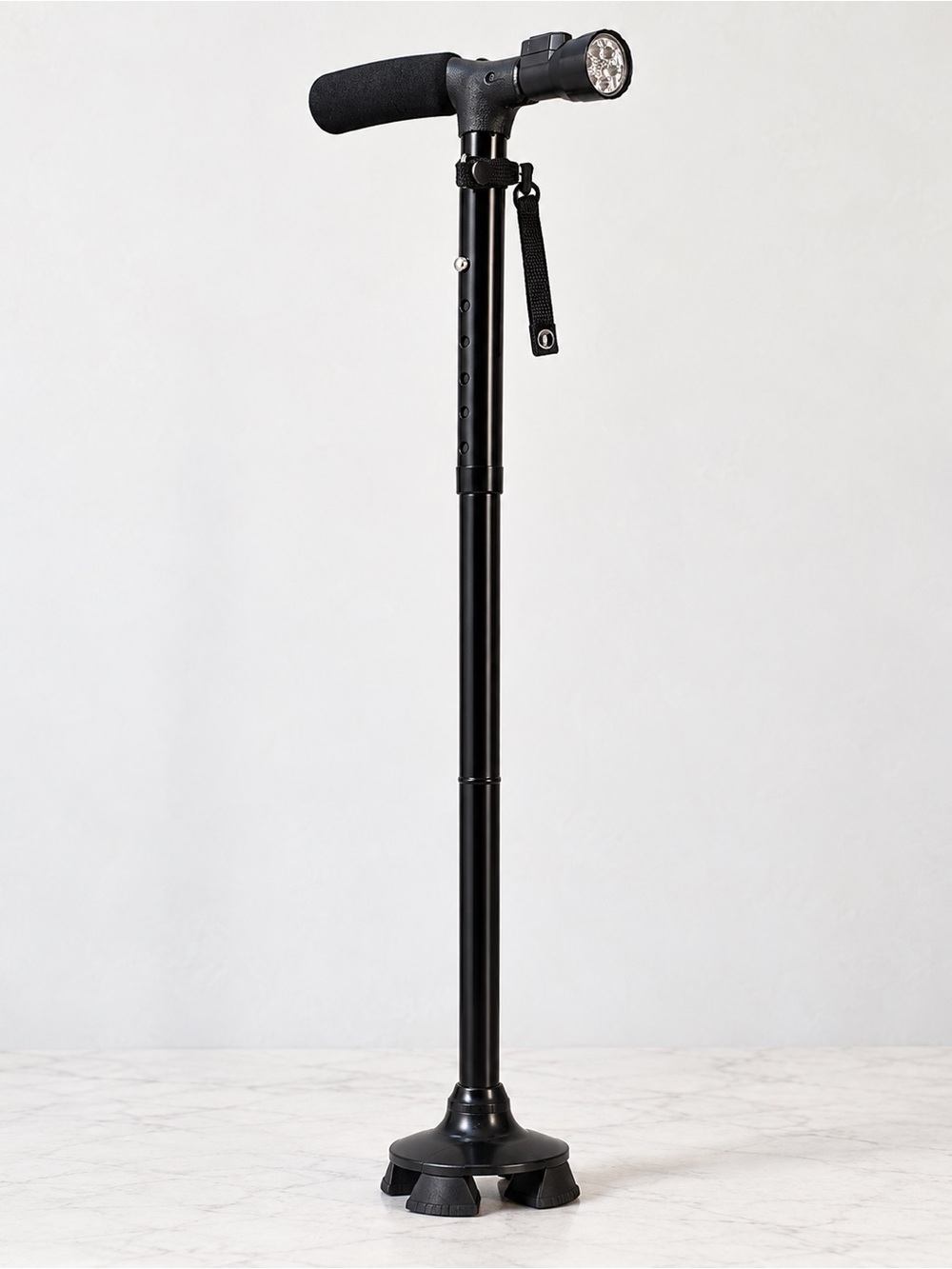 Adjustable Black Quad Cane w/ LED Flashlight Self Standing Walking Aid NWOT - Picture 1 of 7